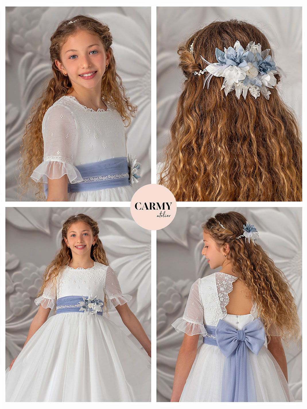 Mädchen mit braunen Haaren trägt ein Kommunionkleid von Samy mit einem blauen Band und Blumenschmuck