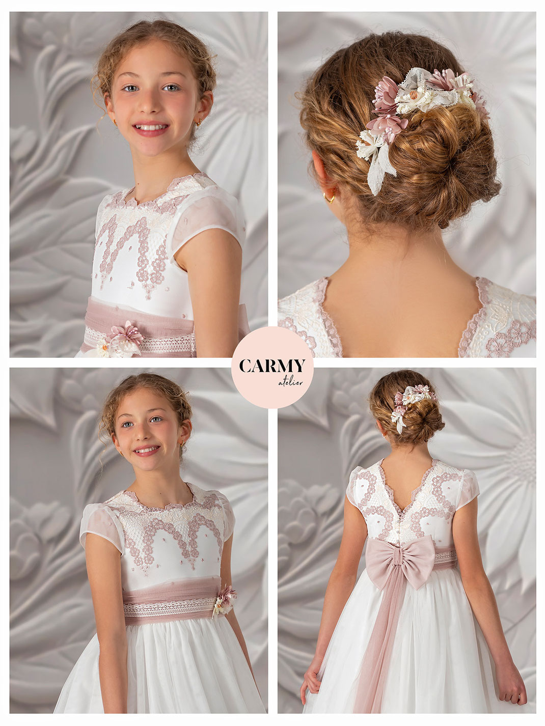 Lächelndes Mädchen trägt ein Carmy Kommunionkleid Kollektion verziert mit rosa Elementen