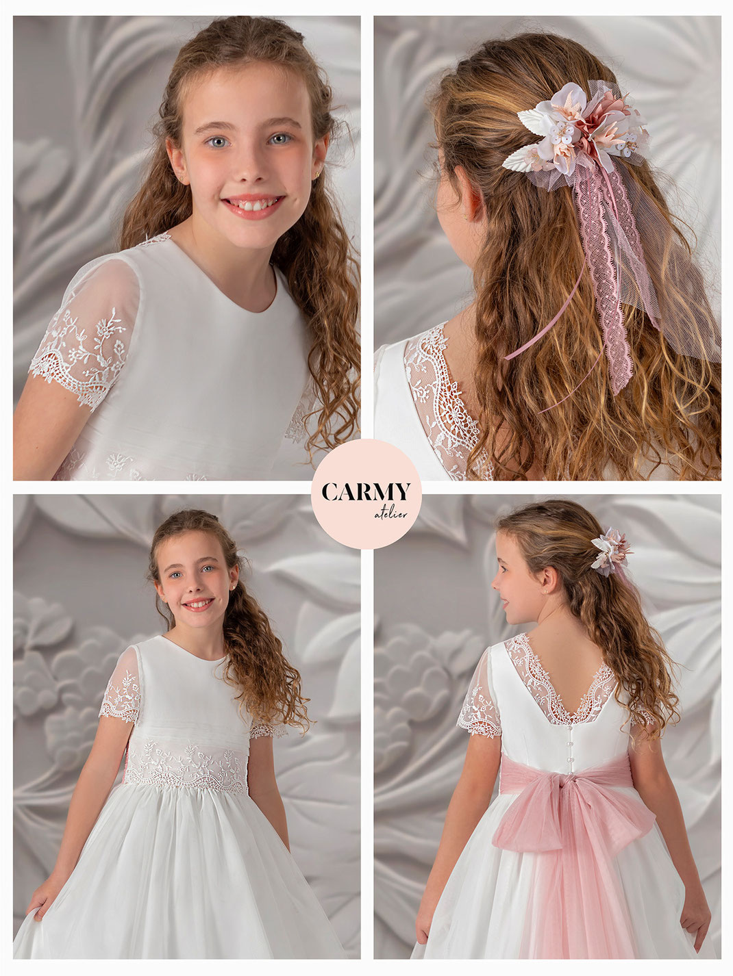 Mädchen mit braunen Haaren trägt ein Kommunionkleid mit rosa Schlaufe aus der Carmy Kommunion Kollektion