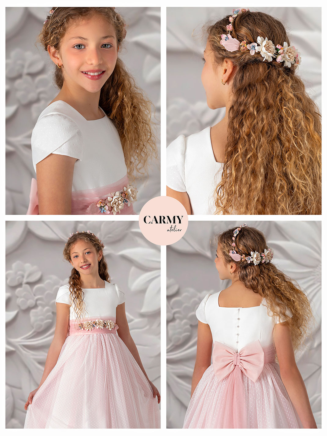 Mädchen mit Haarschmuck trägt ein Carmy Kommunionkleid