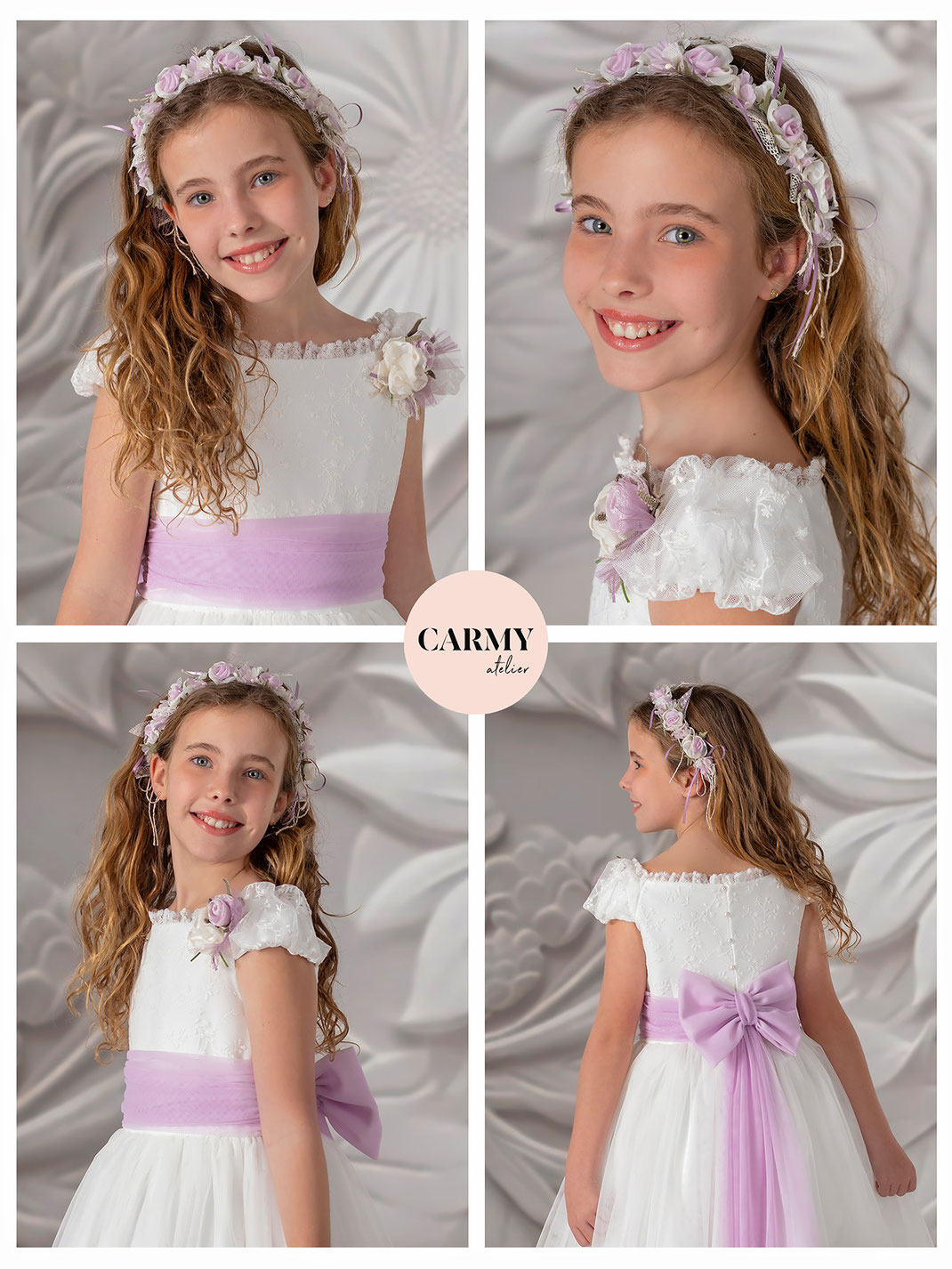 Mädchen trägt ein weisses Carmy Kommunionkleid Kollektion