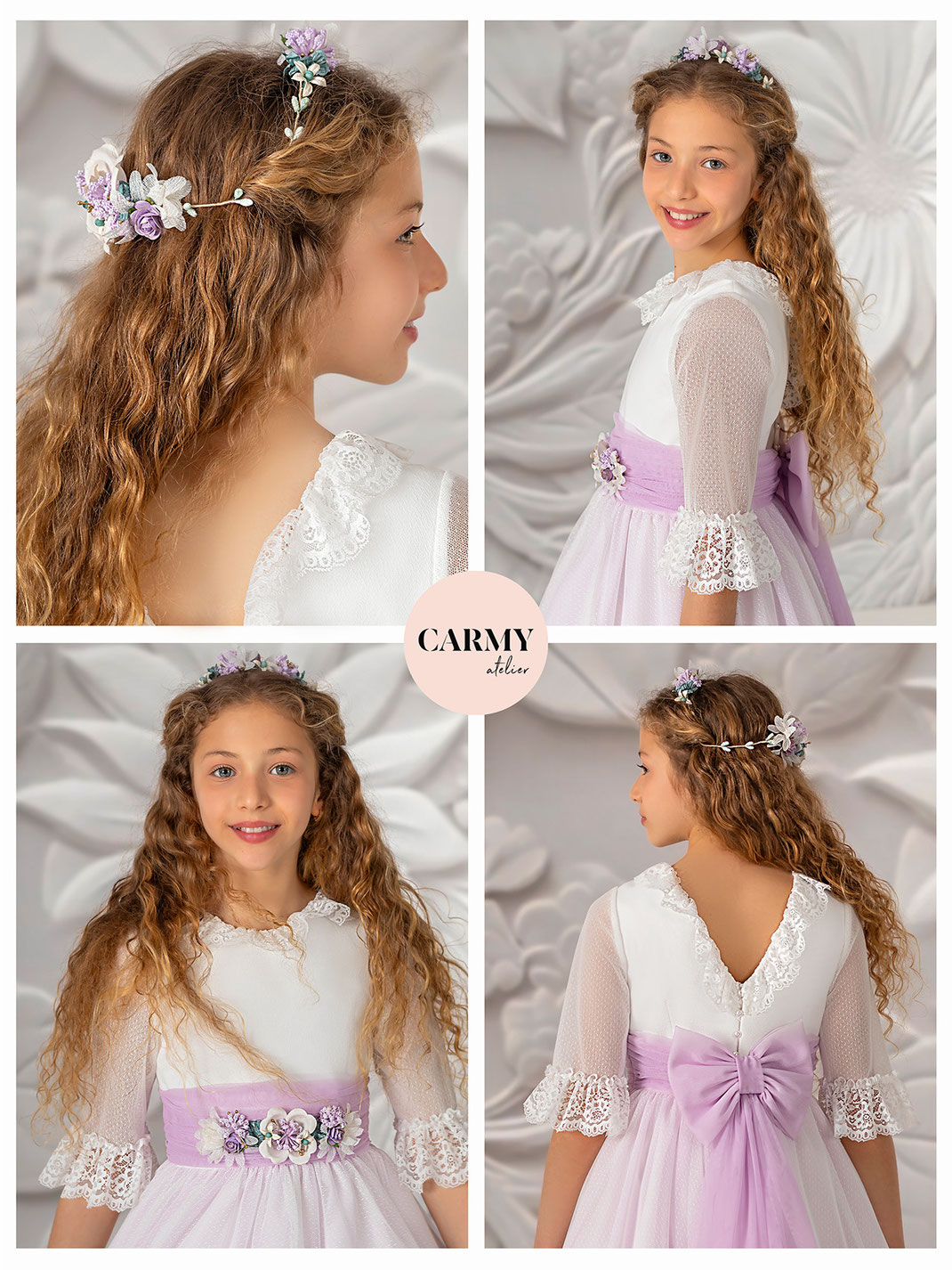 Süßes Mädchen trägt ein Carmy Kommunionkleid aus der Kollektion 2025 aus zartem Tupfentüll in einer natürlichen Farbe