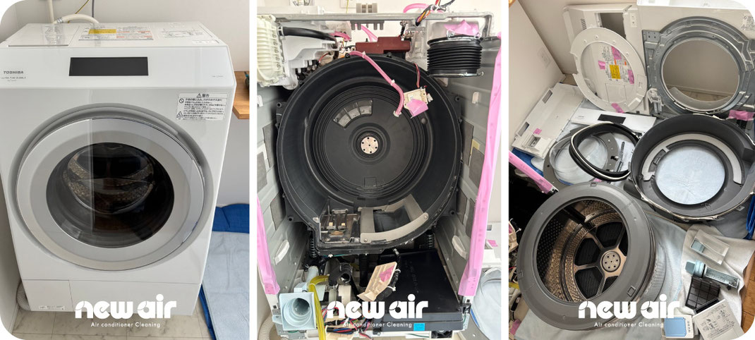 【写真】洗浄クリーニングの為に分解されたドラム式洗濯機
