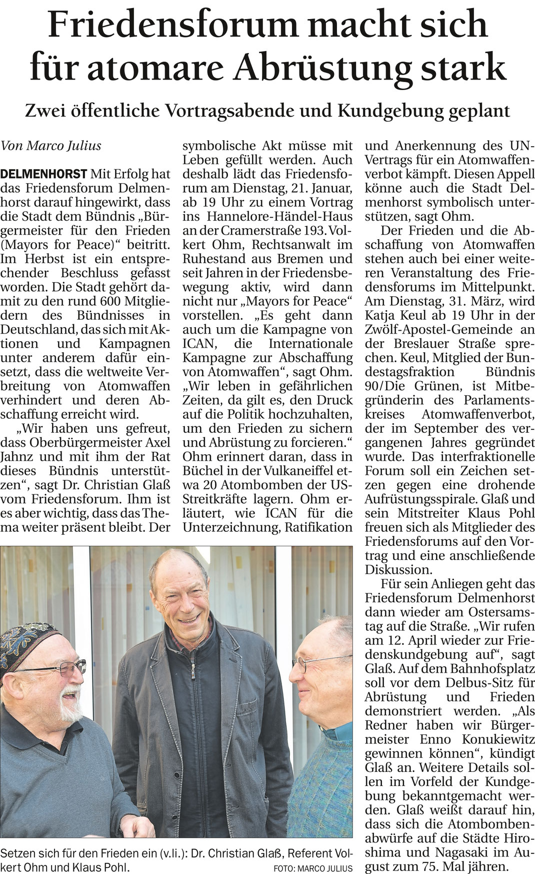 DK Medien GmbH & Co. KG - Delmenhorster Kreisblatt, Datum: 18.01.2020, Foto und Artikel: Marco Julius