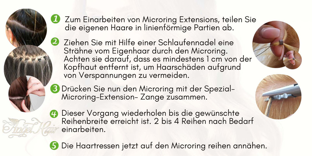 1.  Zum Einarbeiten von Microring Extensions, teilen Sie die eigenen Haare in linienförmige Partien ab.  2.  Ziehen Sie mit Hilfe einer Schlaufennadel eine Strähne vom Eigenhaar durch den Microring. Achten sie darauf, dass es mindestens 1 cm von der Kopfh