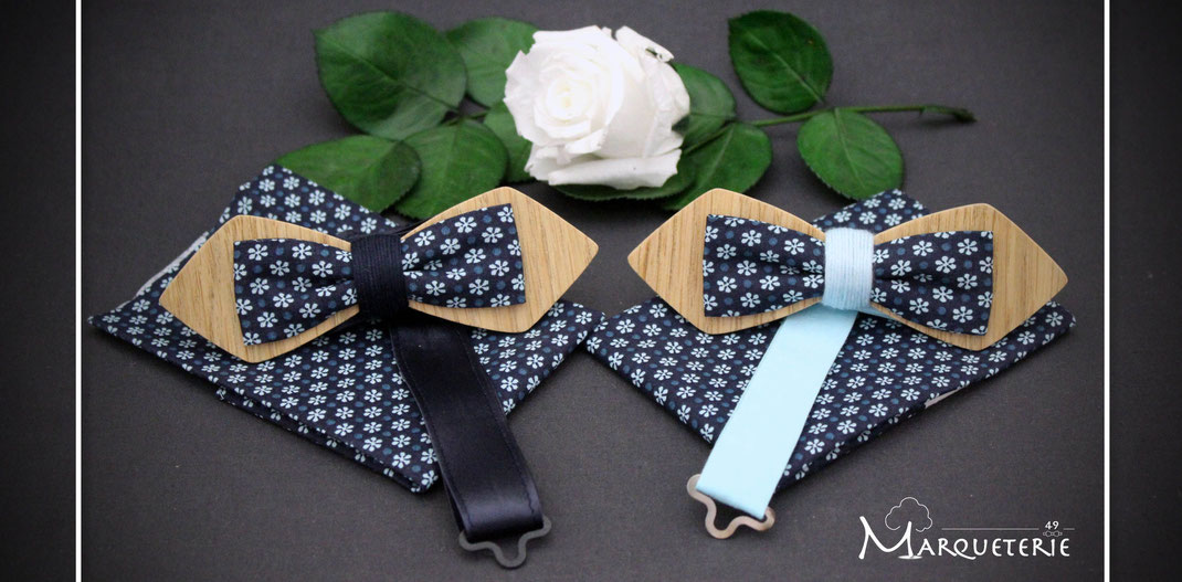 Noeud pap en bois et tissu liberty bleu navy fleurs bleu clair accessoire wedding chic et original