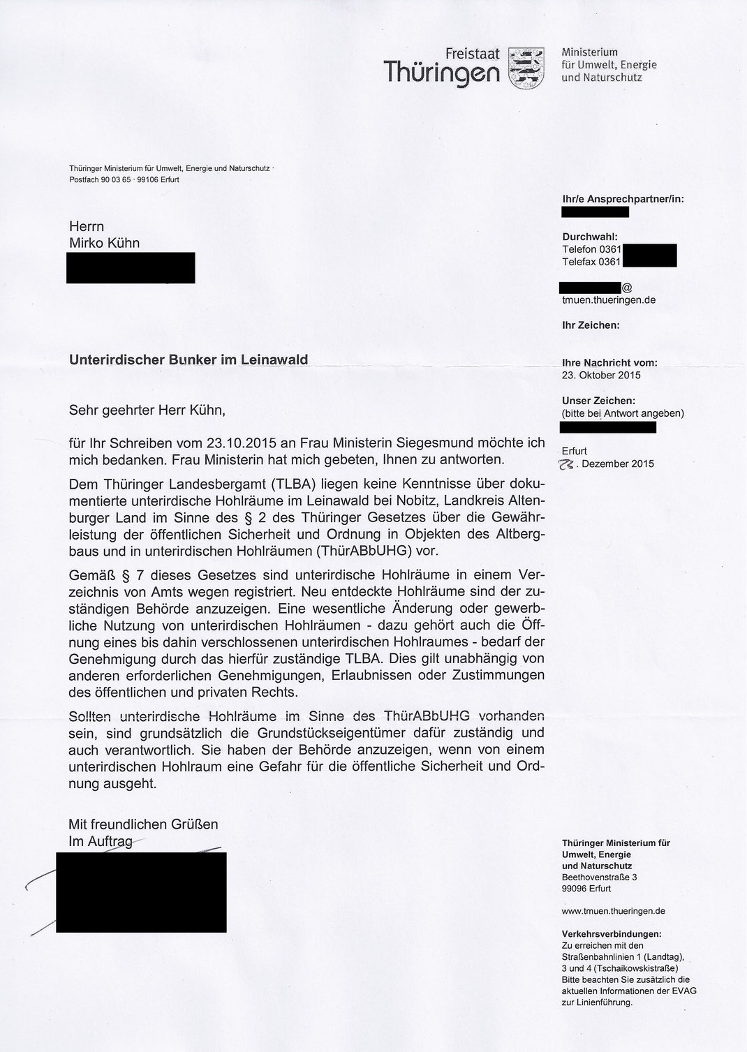 23. Dezember 2015 Brief Thüringer Ministerium für Umwelt, Energie und Naturschutz (TMUEN) / Quelle: Mirko Kühn