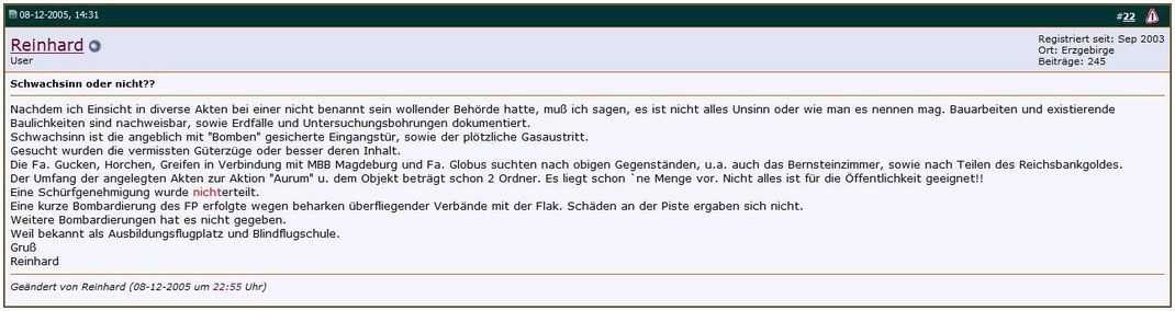 8. Dezember 2005 Ausschnitt Forum für unterirdisches, Geschichte und Technik / Quelle: http://www.unterirdisch-forum.de/forum/showthread.php?t=3757&highlight=leinawald&page=2