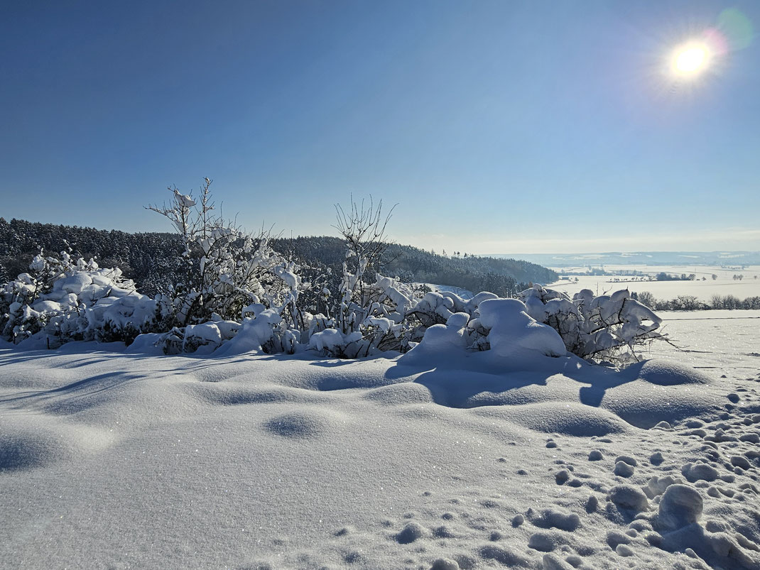 Schneelandschaft mit Blick ins Isartal bei Buchreith, Gemeinde Moosthenning (Foto: Heike Herzig, 3.Dezember 2023)