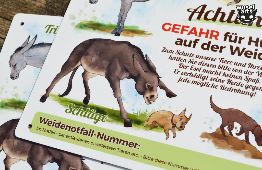 Esel verteidigen ihre Herde "Gefahr für Hunde auf der Weide!" Schild für die Esel Weide