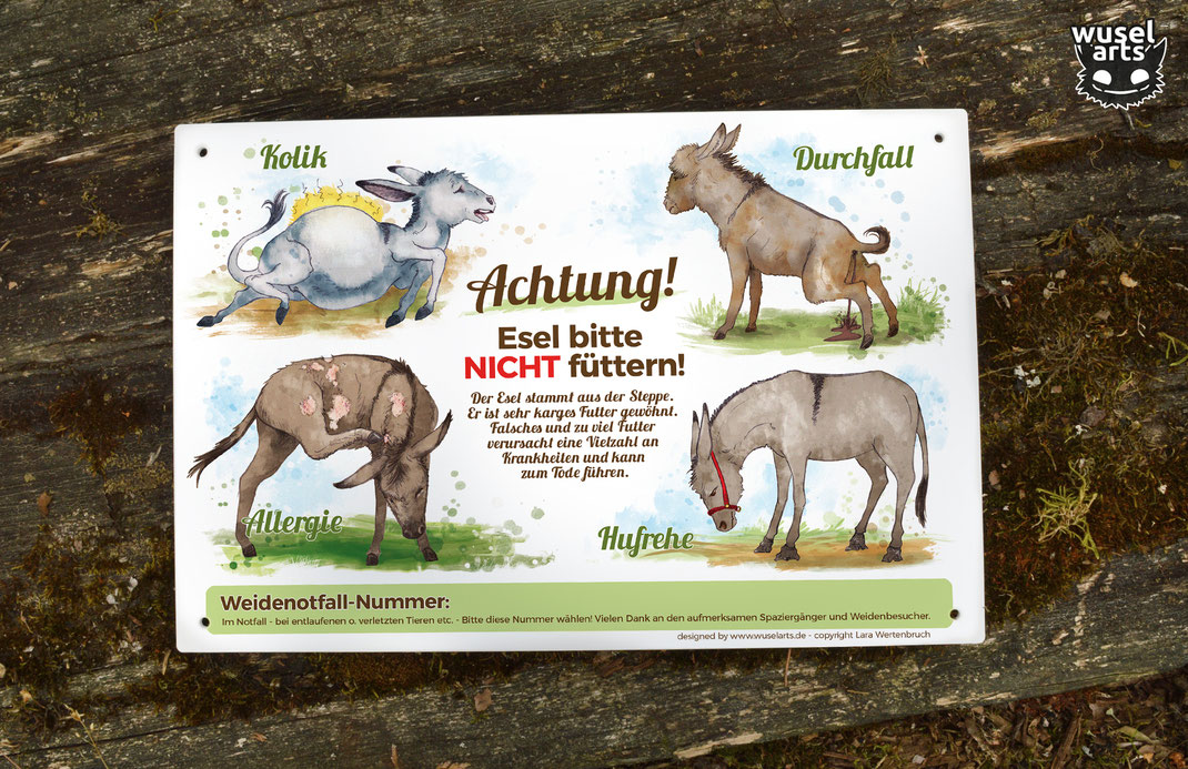 Weideschild Esel "Esel bitte nicht füttern!" - Schild warnt vor Krankheiten durch falsches Futter wie Hufrehe, Allergie, Durchfall Kolik bei Eseln