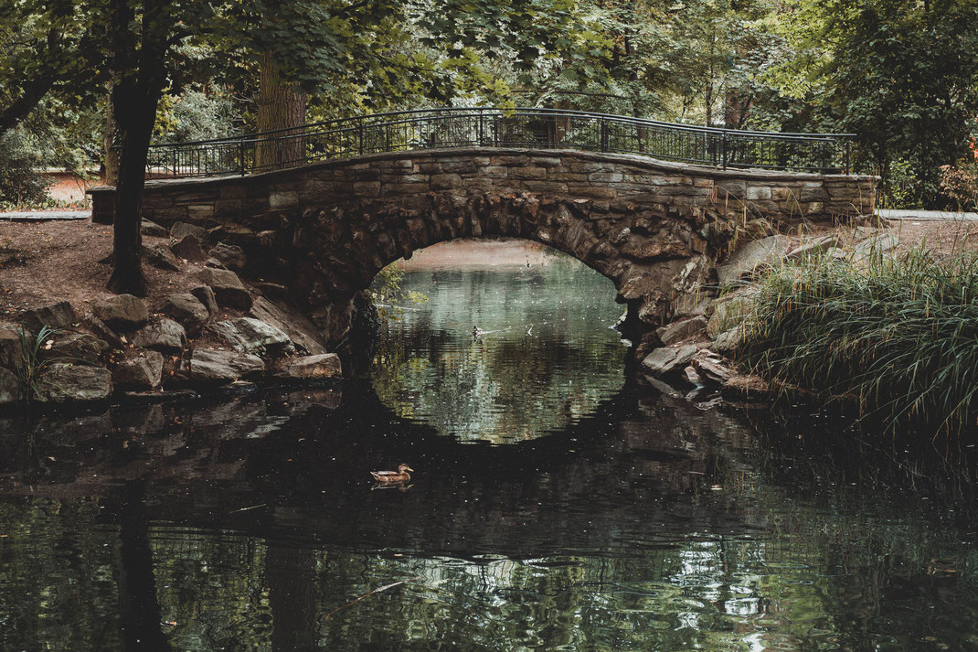 Einsame alte Steinbrücke über den Teich im Park kostenlos herunterladen