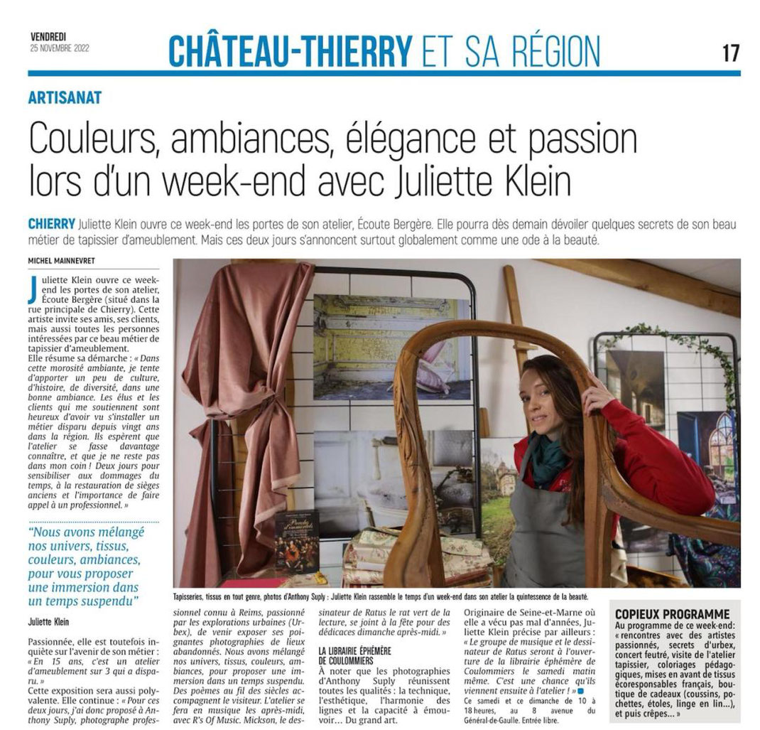 Article du journal L'Union - Portes ouvertes à l'atelier Ecoute Bergère avec le photographe professionnel Anthony Suply, notre invité spécialiste de l'exploration éphémère Urbex