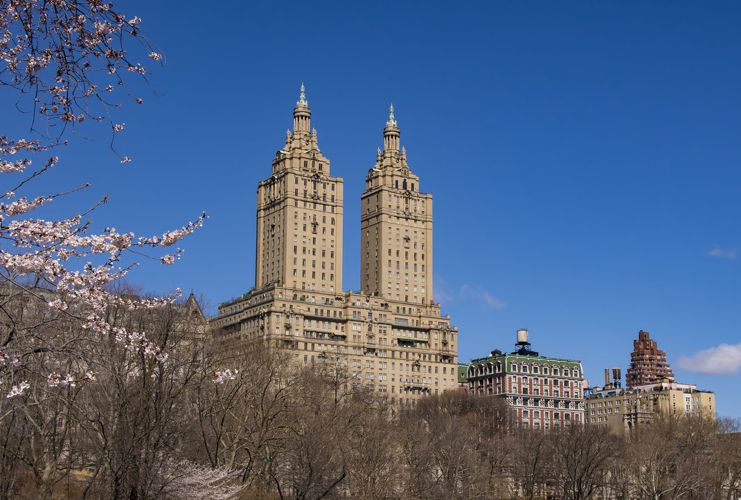 Die Geschichte des Central Park New York: Blick vom Park aus auf die Wolkenkratzer in Manhattan.