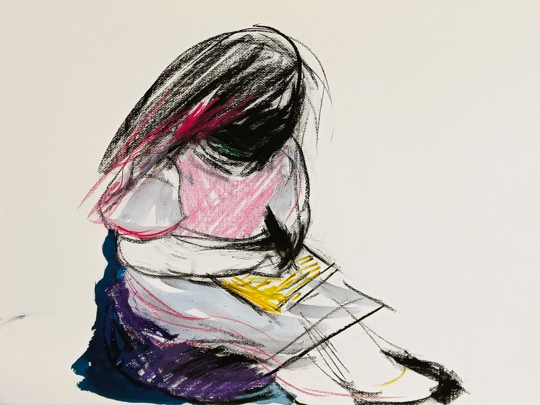 A GIRL DRAWING ON FABRIANO PAPER. 2024, 56 x 75,5 cm, charcoal, pastel, crayon, ink brush pen, ink on Fabriano cotton paper, series of 5
