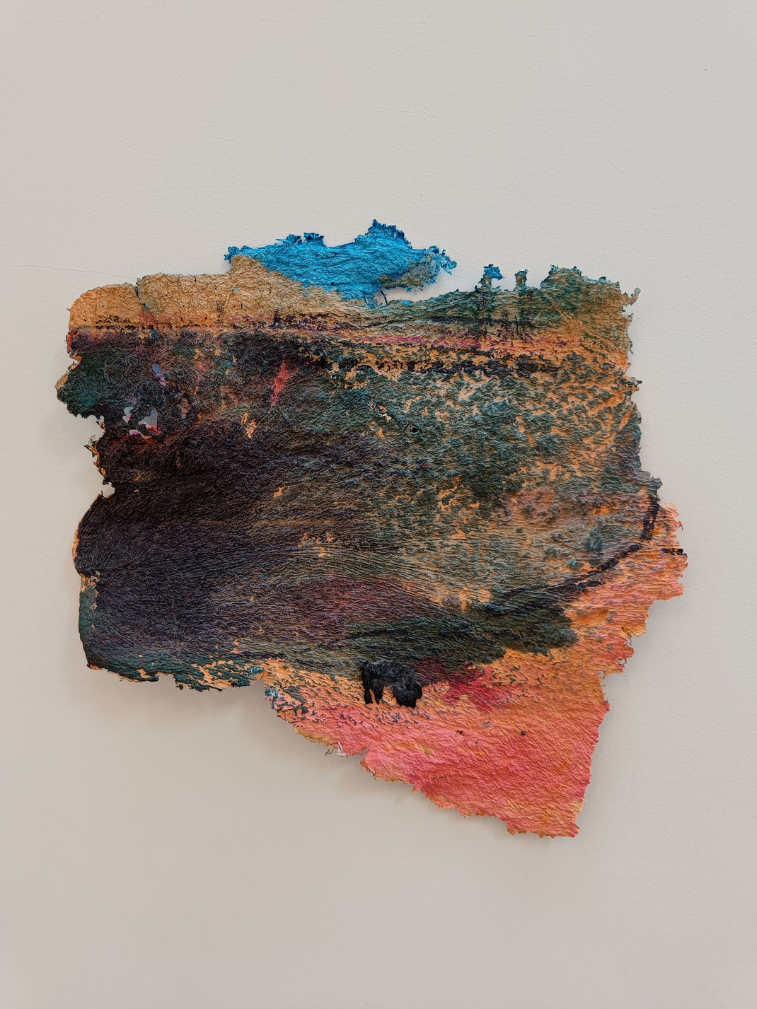 DOG ON THE ÖRESUND BEACH. 2024, paper cast, pulp painting, pigment, ink, crayon, collage