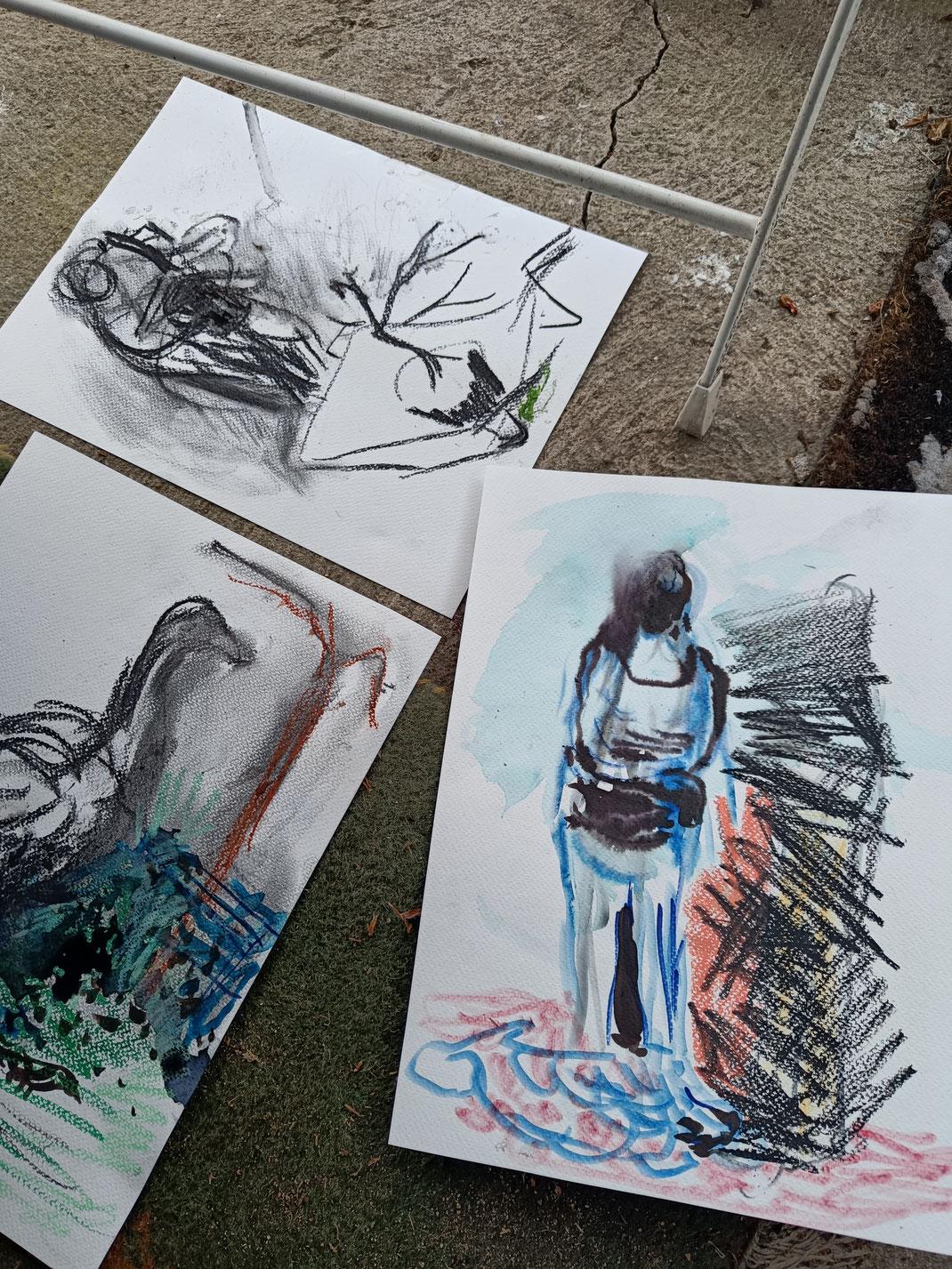 RAINY SUMMER GARDEN. 2025, 32 x 24 cm, charcoal, pastel, crayons, ink brush pen, wax crayons, rain drops on watercolor paper, series of 26 drawings
