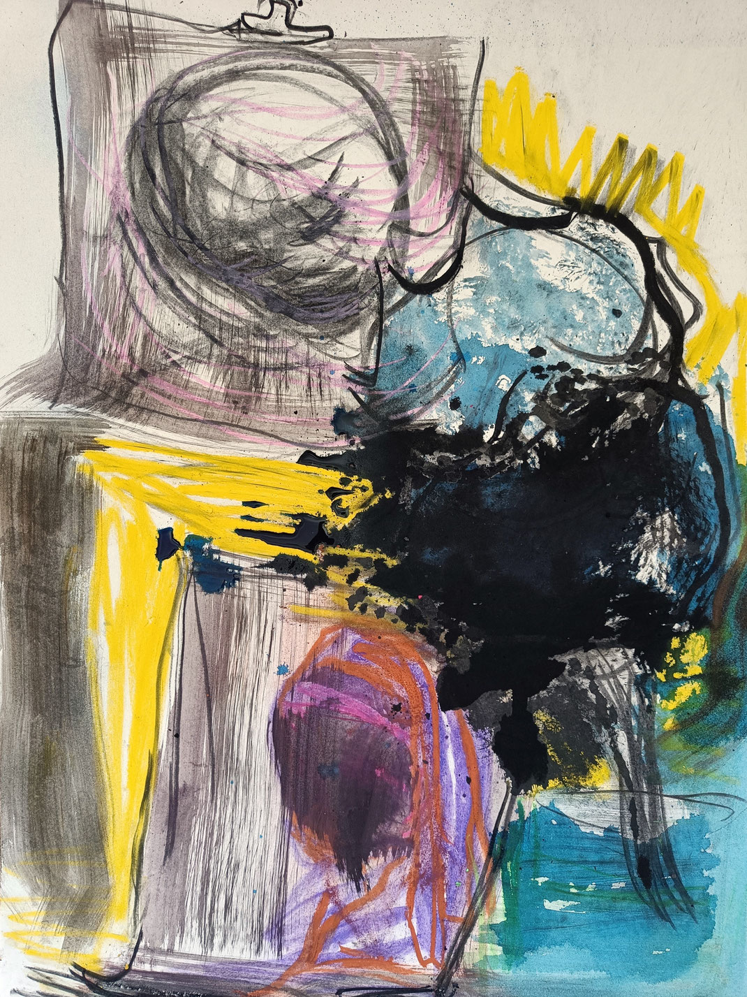 STILL LIFE WITH SUNFLOWERS, VERMEER & LEONARDO. 2025, 100 x 70 cm, charcoal, pastel, wax crayon, ink, crayons on beige cardboard, series of 3 unique pieces 