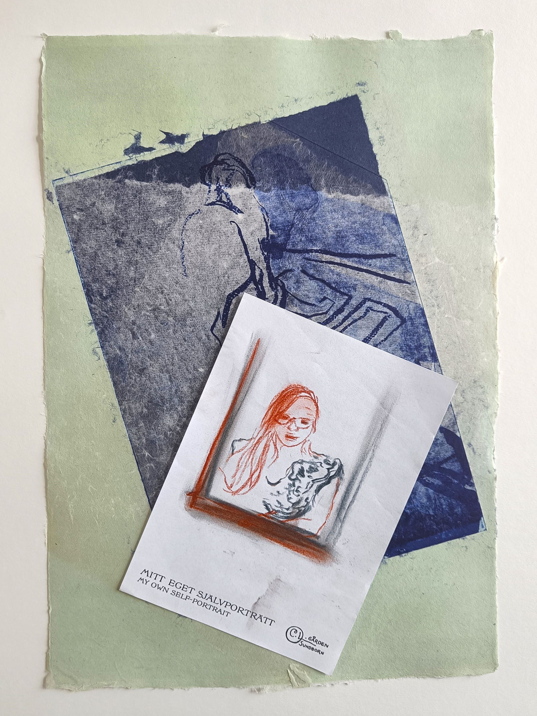 QUODLIBET - SUNDBORN SELF PORTRAIT. 2025, 21 x 15 cm, red and dark blue chalk, series of 2 drawings & 14 drawings on watercolour paper 