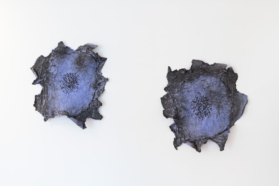 SUNFLOWERS - PAINT IT BLACK. 2024, paper cast, pulp painting, pigment, ink drawing, embossing, series paper reliefs, base paper: Papierwerk Glockenbach. photo © www.materialmatters.online / Victoria Gentsch