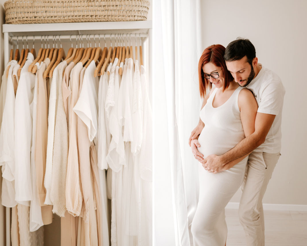 Sélection de tenues douces pour séance photo maternité et bébé et couple au studio seance grossesse