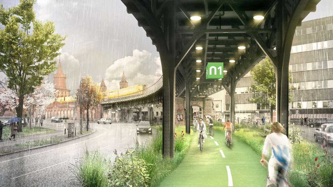 Alle Wetter. Auf der Radbahn könnte man auch bei Regen trocken durch die Stadt kommen.Simulation: Promo