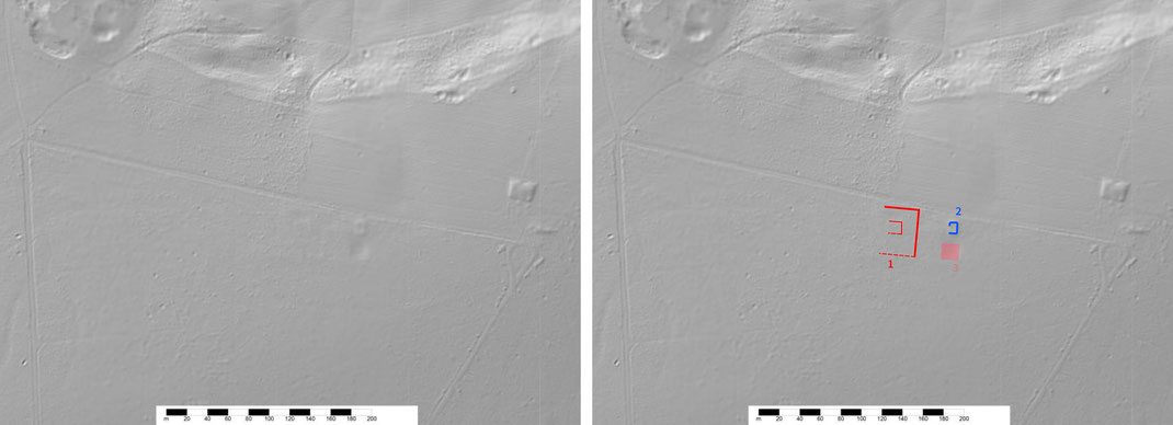 Laserscan des Forschungsareals. Rechts die Umzeichnung der vor der Grabung vermuteten Strukturen. 1 - rot: Der vermutete Umgangstempel in Schnitt1. 2 - blau: rechteckiges Gebäude in Schnitt2. 3 - rosa: Die Mardelle in Schnitt3.