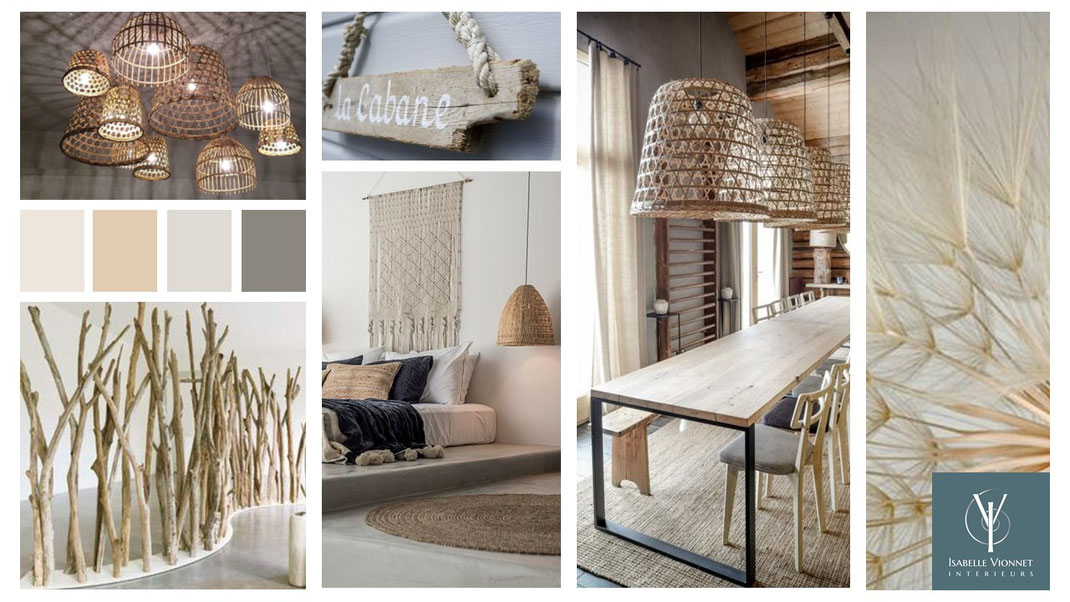 Planche de style Nature avec éléments naturels: bois flotté, luminaires et tapis en fibres tressées, suspension bohème en macramé, grande table conviviale en planches et métal, 