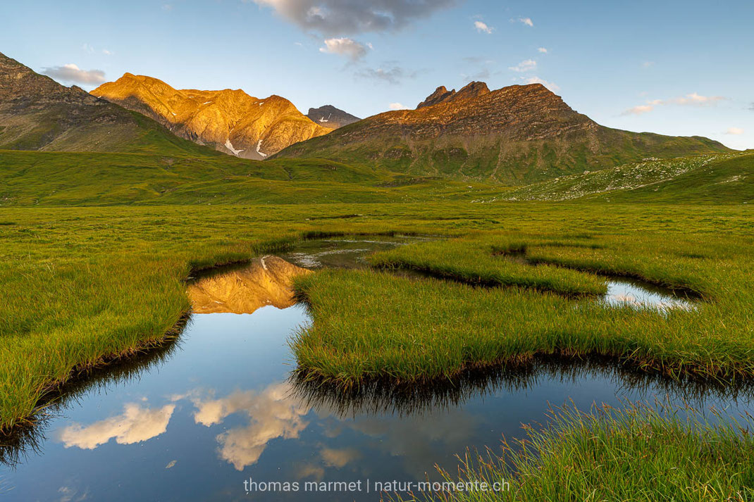 Bergsee, Hochmoor, Alpenglühen, Alpen, Berge