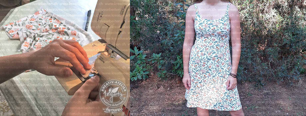 Bild zeigt Workshopteilnehmerin beim Nähen und im fertig genähten Kleid