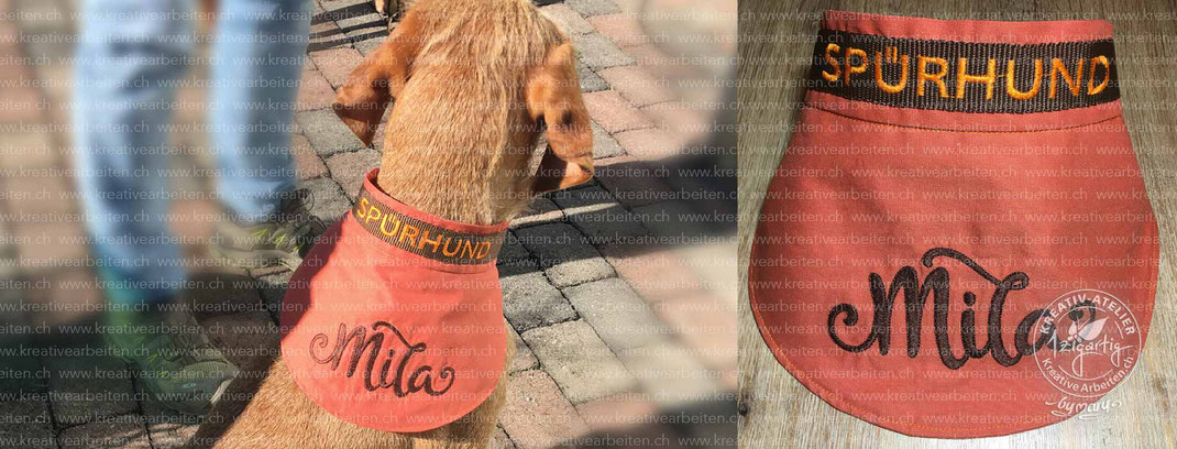 Bild zeigt einzigartiges Hundehalsband mit individuellem Schriftzug und Stickerei