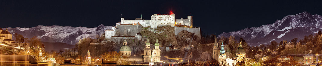 Panoramic view of Salzburg at full moon, with the snow-covered mountains in the background, STROB Galerie Salzburg