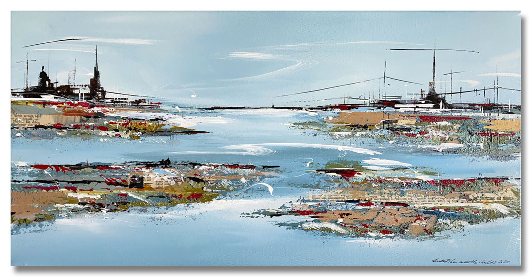03 „Hafenlandschaft“  – Mischtechnik auf Leinwand auf 2cm Keilrahmen - licht- und farbecht endfixiert  – Größe: 30x60 – Bildpreis: 220€