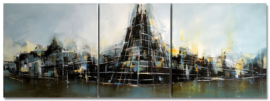 16 „STADTLANDSCHAFT“ – Mischtechnik auf Leinwand auf 2cm Keilrahmen – licht- und farbecht endfixiert – Größe: 40x40+30x40+40x40cm (110x40cm) - VERKAUFT