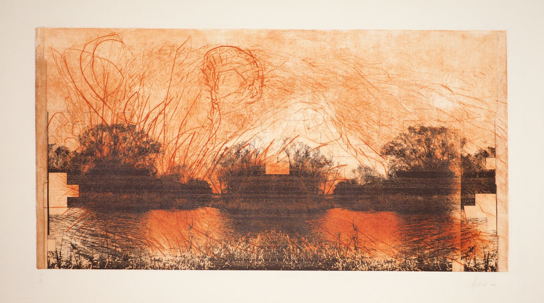 Landschaft an der Elbe, Druckkunst von Katharina Lechner tiefdruckart