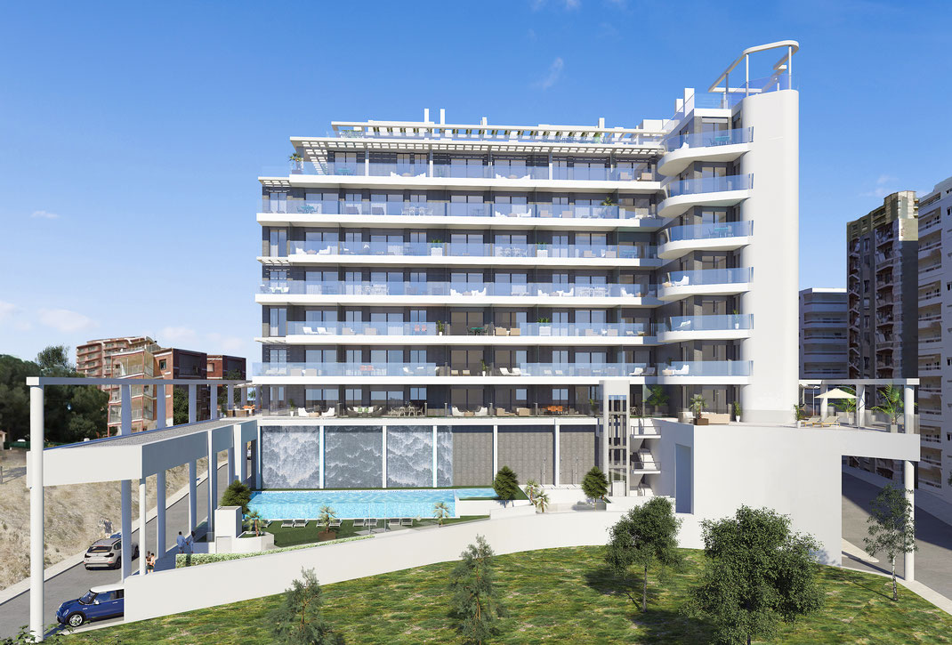 Infografía de arquitectura de edificio en Calpe, Alicante