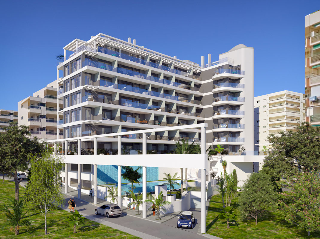 Infografía de arquitectura de edificio en Calpe, Alicante