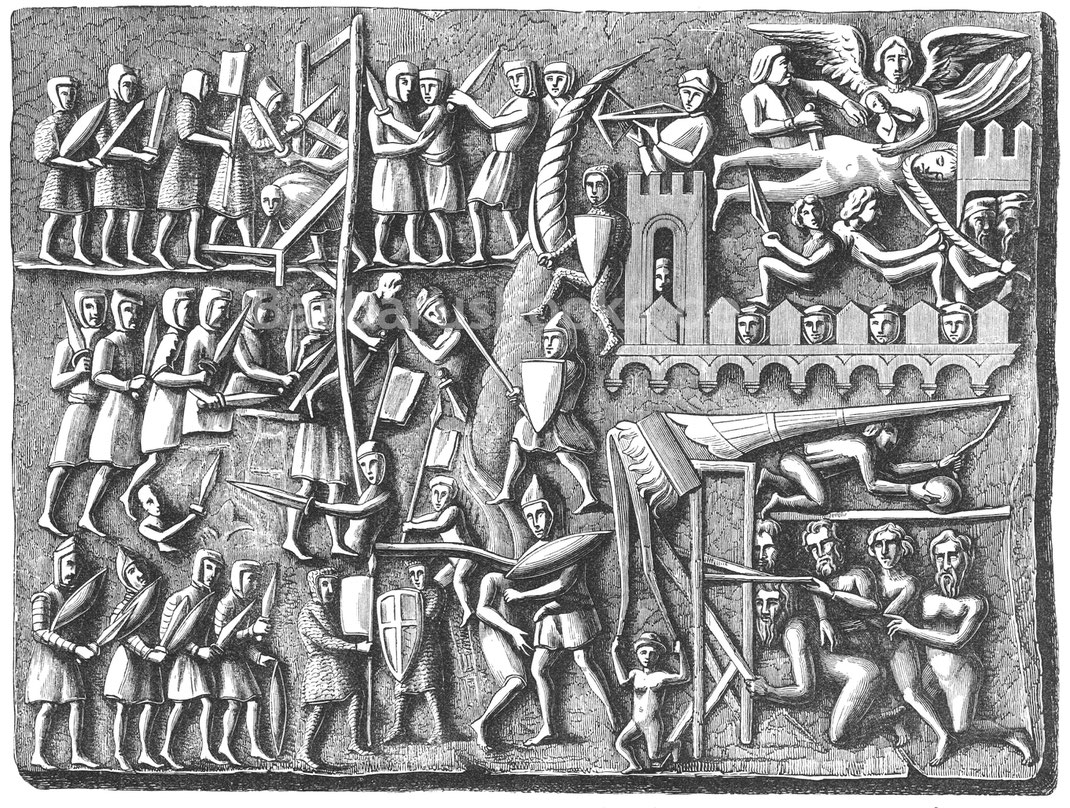 Abb. 310. – Episode der Belagerung von Toulouse, die der Überlieferung nach den Tod von Simon de Montfort darstellt, der am 25. Juni 1218 getötet wurde. – Flachrelief aus Stein in der Kirche St. Nazaire in Carcassonne (13. Jahrhundert).