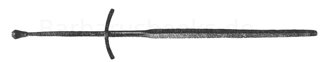 Gotisches Zweihänderschwert vom Ende des 15. Jahrhunderts, noch 119 ½ cm lang (die Klinge unvollständig), an der Wurzel ehedem vergoldet; Grifflänge mit Knauf 36 cm, Breite der Parierstange 20 cm.
