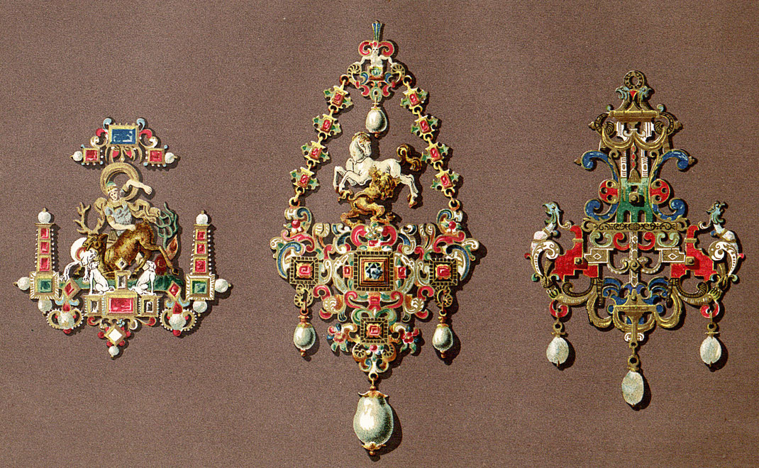 Anhänger, goldemailliert und mit Edelsteinen besetzt. Deutsche Arbeit, Ende des 16. Jahrhunderts.