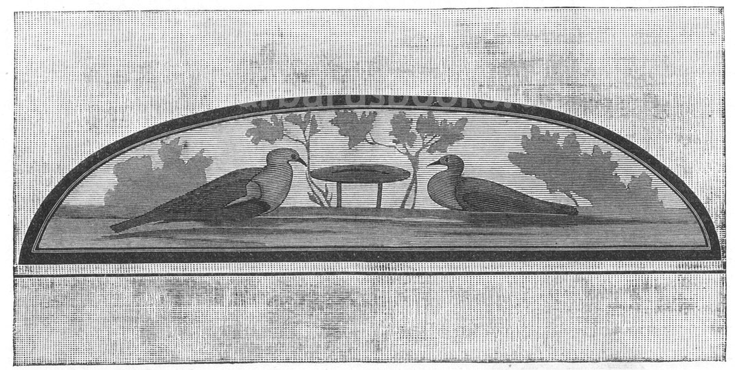 Abb. 366. – Grabfresko, entdeckt auf dem Friedhof von St. Pretextat in den Katakomben von Rom. Die beiden Tauben, Symbole der Ehe, weisen auf das Grab eines Ehepaares hin. – Aus M. Perréts Werk „Les Catacombes de Rome“.
