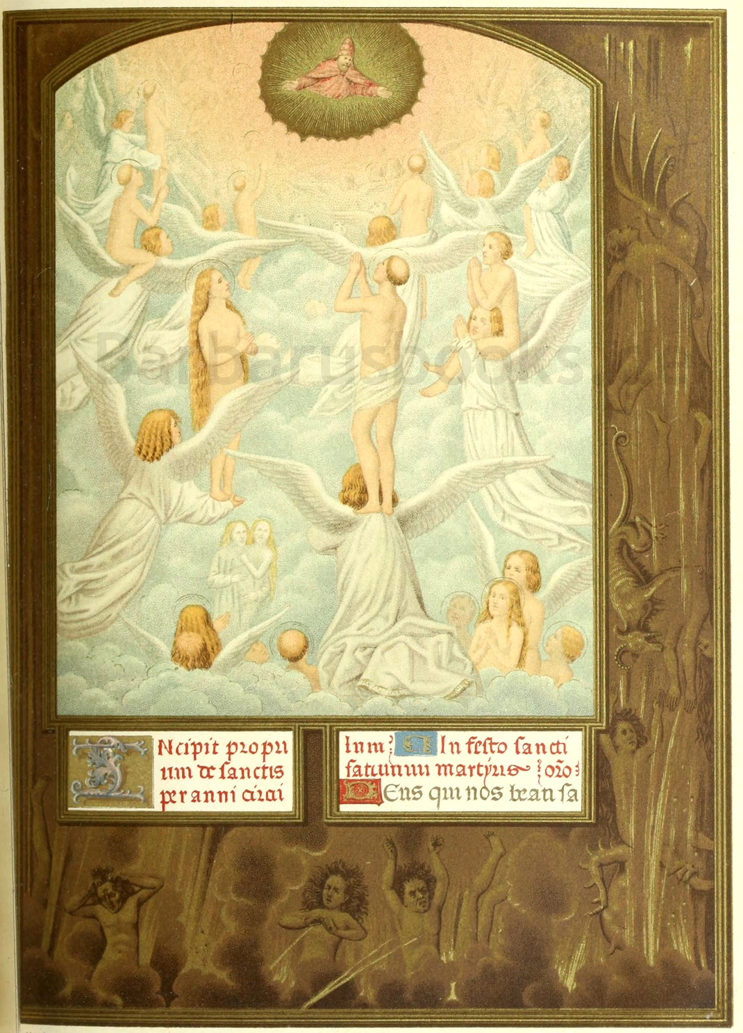Die Engel bringen Gott die Seelen der Auserwählten dar. Miniatur aus dem Brevier des Kardinals Grimani, Memling zugeschrieben. Markusbibliothek, Venedig. 15. Jahrhundert. Nach einer Kopie im Besitz von M. Firmin-Didot.