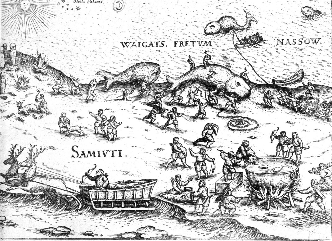 Zeichnung einer professionellen Verarbeitung von Walfleisch aus dem Jahre 1602.