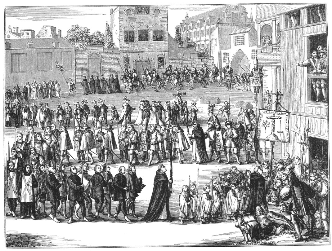 Abb. 334. – Eine Autodafé-Prozession in Spanien gemäß der seit dem 14. Jahrhundert üblichen Zeremonie. – Faksimile eines großen Kupferstichs im Werk von Philipp von Limburg mit dem Titel „Historia Inquisitionis“: Folio, Amsterdam, 1692.