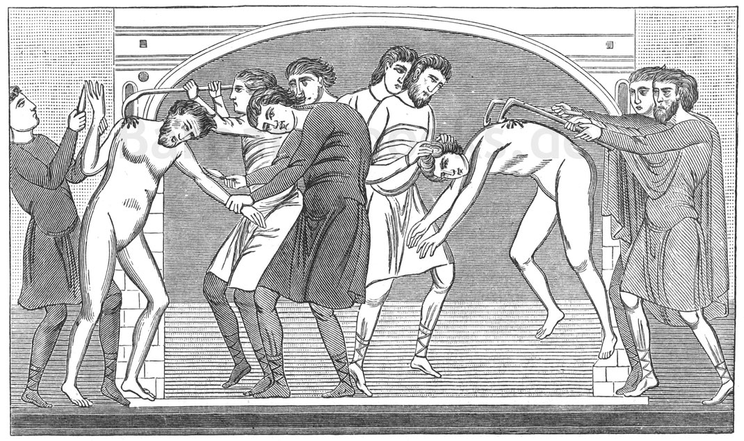 Abb. 330. – Martyrium der heiligen Savin und Cyprian, deren Fleisch mit Eisenhaken herausgerissen wurde. – Fresko in der Kirche St. Savin, Vienne (11. Jahrhundert). – Nach den Zeichnungen von M. Gérard-Séguin.
