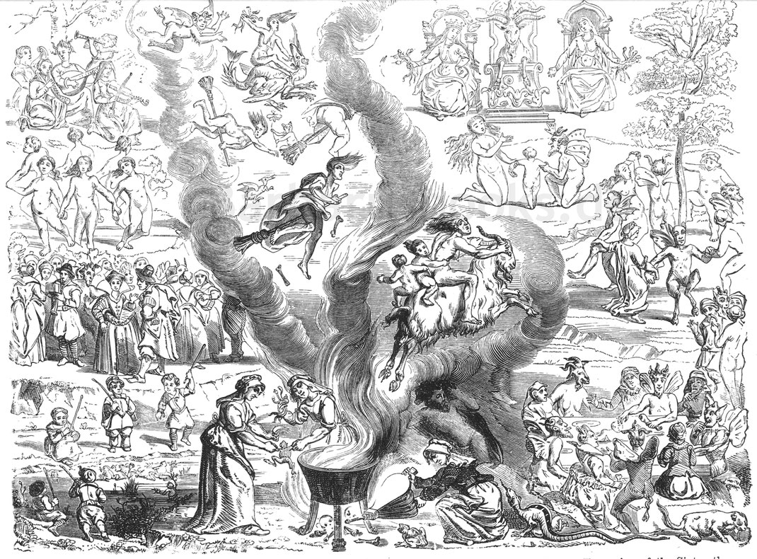 Abb. 314. – Der „Sabbat“, Nachdruck der Legende aus einem Urteil des Tribunals von Arras aus dem Jahr 1460. – Kupferstich aus dem 16. Jahrhundert, aufbewahrt in der Nationalbibliothek, Paris.