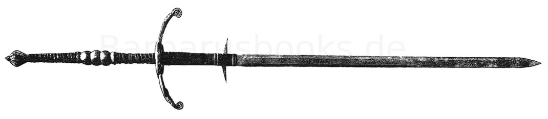 Zweihänderschwert der zweiten Hälfte des 16. Jahrhunderts, 191 cm lang, der Knauf geschnitten, der Griff aus Holz beledert und mit Messingdraht umwunden.