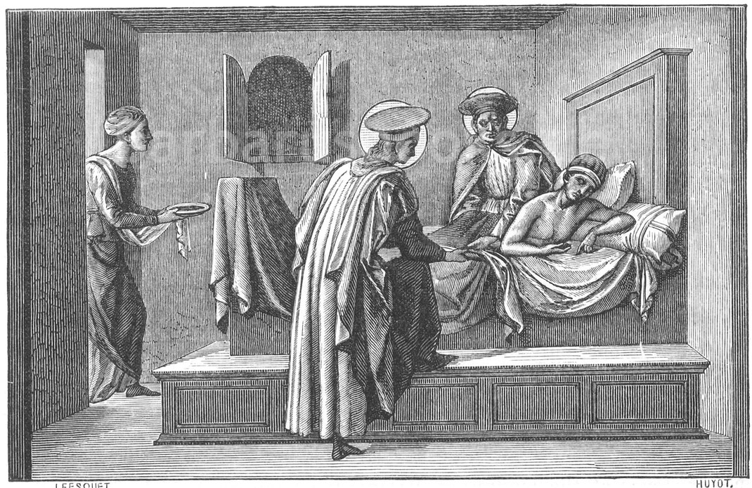 Abb. 267. – Die heiligen Brüder Cosmas und Damianus (Ende des 3. Jahrhunderts) besuchen einen kranken Mann und lindern seine Beschwerden. – Bild auf Holz von Francesco Peselli im Louvre (15. Jahrhundert).