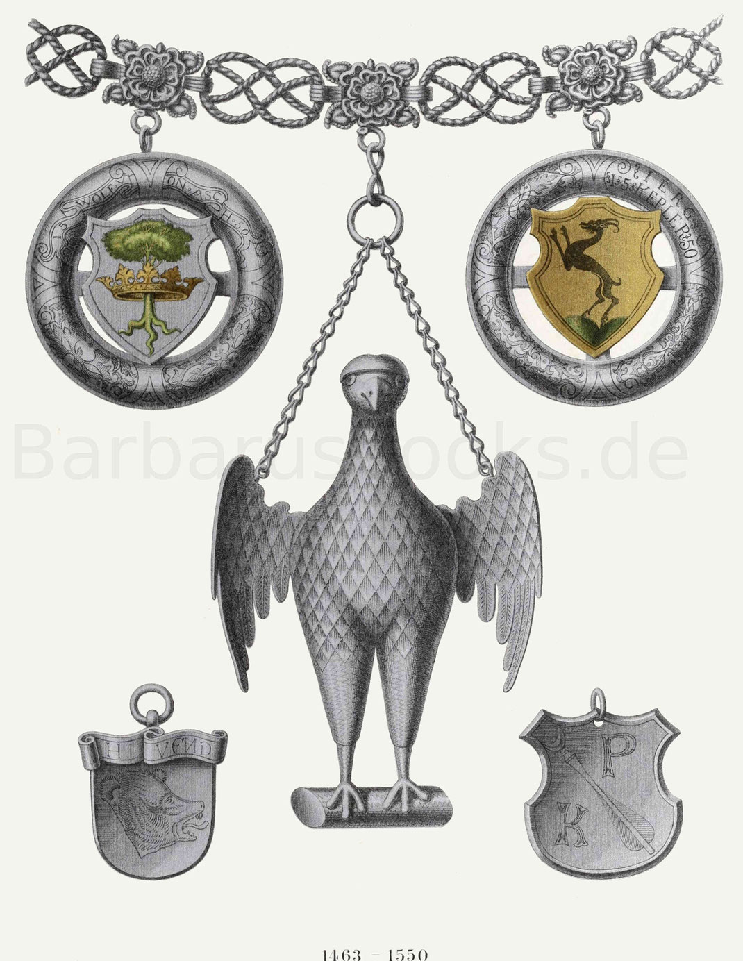 Bestandteile der silbernen Schützenkette aus dem Rathaus zu München (1463–1550).