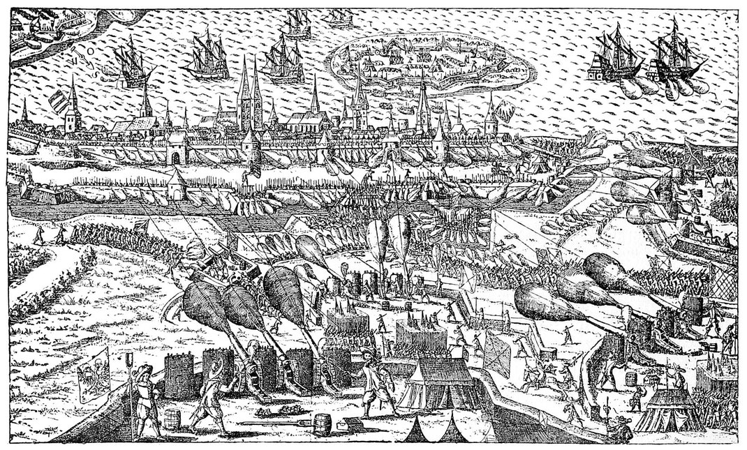 Belagerung von Strahlsund 1628. Gleichzeitiges Kupferstich. München, Hofbibliothek.